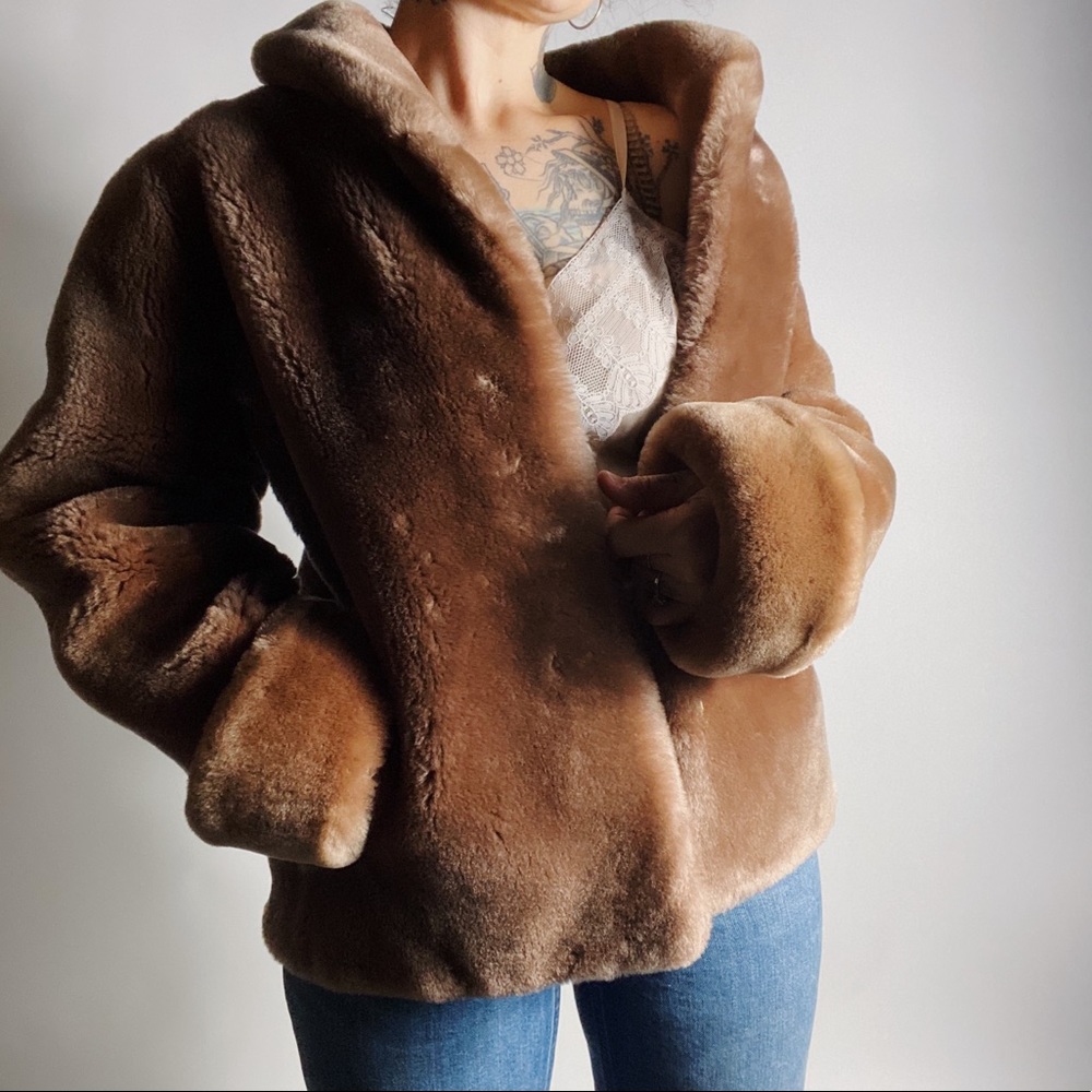VINTAGE 1950’s Faux Fur Open Front Mauve Teddy Coat Womens Medium